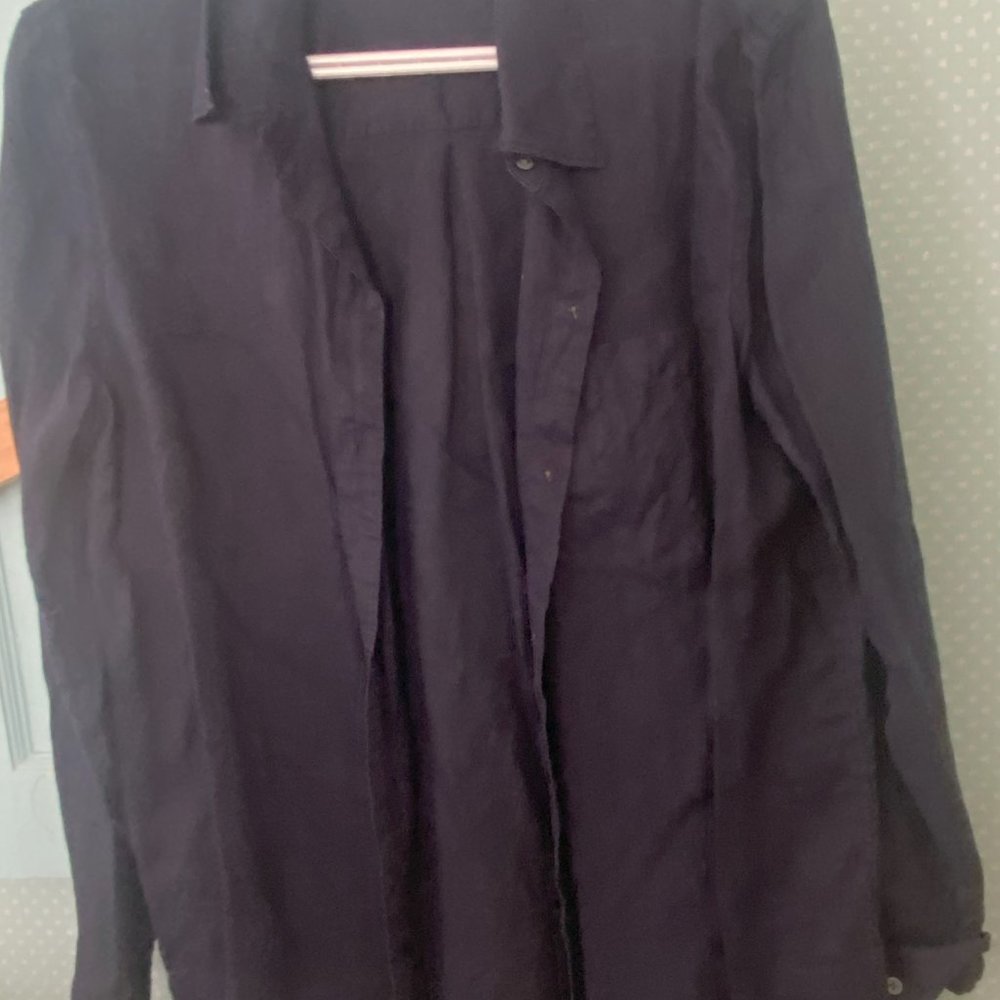 Dark navy-blue linen button up shirt for women